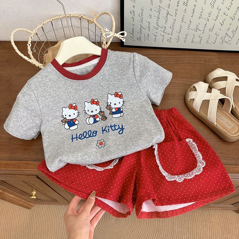 Baby Clothing Quality - アニメハローキティガール夏の漫画かわいい赤ハローキティセット女の子ベビープリントカジュアルファッション甘い品質子供服