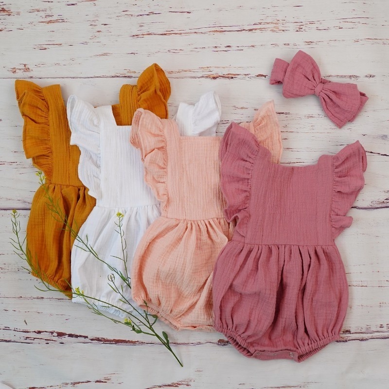 Baby Clothing Organic - 新生児用ダブルガーゼフリルロンパース、ヘッドバンド付き、ベビーガールウェア、オーガニックコットンジャンプスーツ、ダスティピンクプレイスーツ、3m、新品、夏