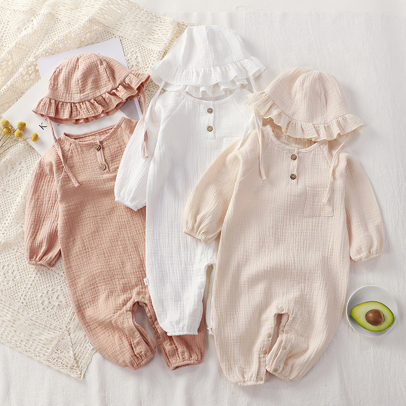 Baby Clothing Factory Shop - 新生児服春秋綿 100% ガーゼロンパースキャップセットワンピース Pijamas モスリン白ワッフルジャンプスーツ Mamelucos