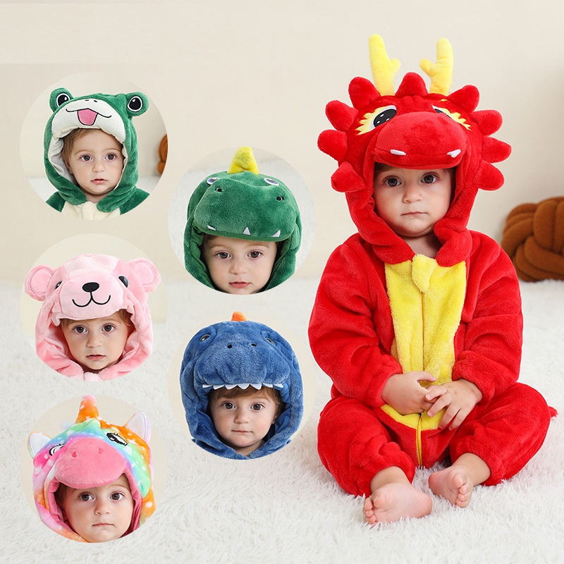 Baby Clothing Factory Shop - ベビーロンパース冬衣装フランネルフード付きジャンプスーツ子供成長服男の子ジャンパー女の子全体的な衣装ドラゴンユニコーンカエル