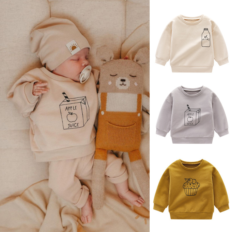 Baby Clothing Organic - ファッショナブルなベビースウェットシャツ,ラウンドネック,牛乳プリント,女の子のための秋の服,オーガニックコットンロングスリーブ,ルーズトップス