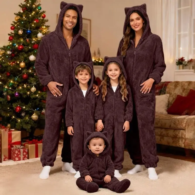 Baby Clothing Zipper - CORB フリースぬいぐるみ暖かいパジャマ家族女性男性子供ベビーパジャマクリスマスクマ耳フード付きパジャマ