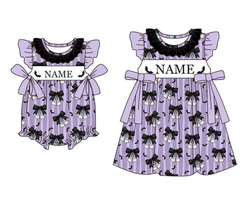 Baby Clothing High Quality - 高品質のハロウィン子供服パープルゴーストバットプリント女の赤ちゃんドレス幼児バブルロンパースカスタマイズ可能な名前