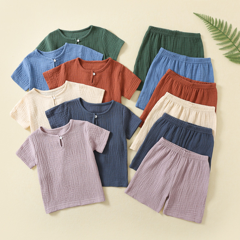 Baby Clothing Factory Shop - 綿100%ガーゼベビーサマー2点セット トップス＆ショーツ キッズスリープスーツ 幼児用プレイスーツ 男の子女の子用Tシャツ モスリン