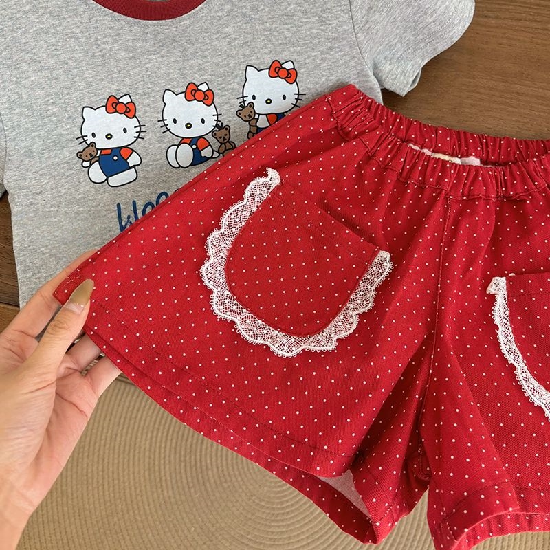 アニメハローキティガール夏の漫画かわいい赤ハローキティセット - Baby Clothing Quality のレビューと価格