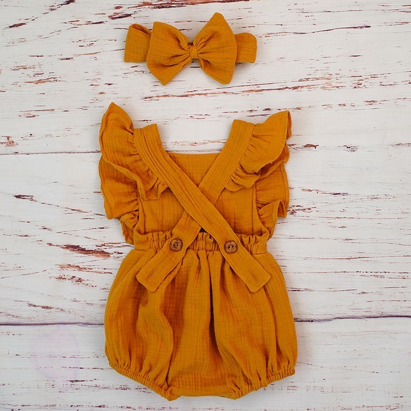 新生児用ダブルガーゼフリルロンパース、ヘッドバンド付き、ベビ - Baby Clothing Organic のレビューと価格