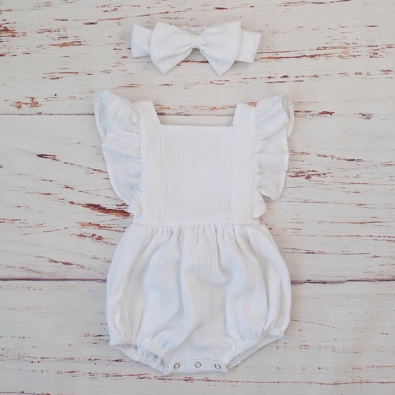 新生児用ダブルガーゼフリルロンパース、ヘッドバンド付き、ベビ - Baby Clothing Organic のレビューと価格