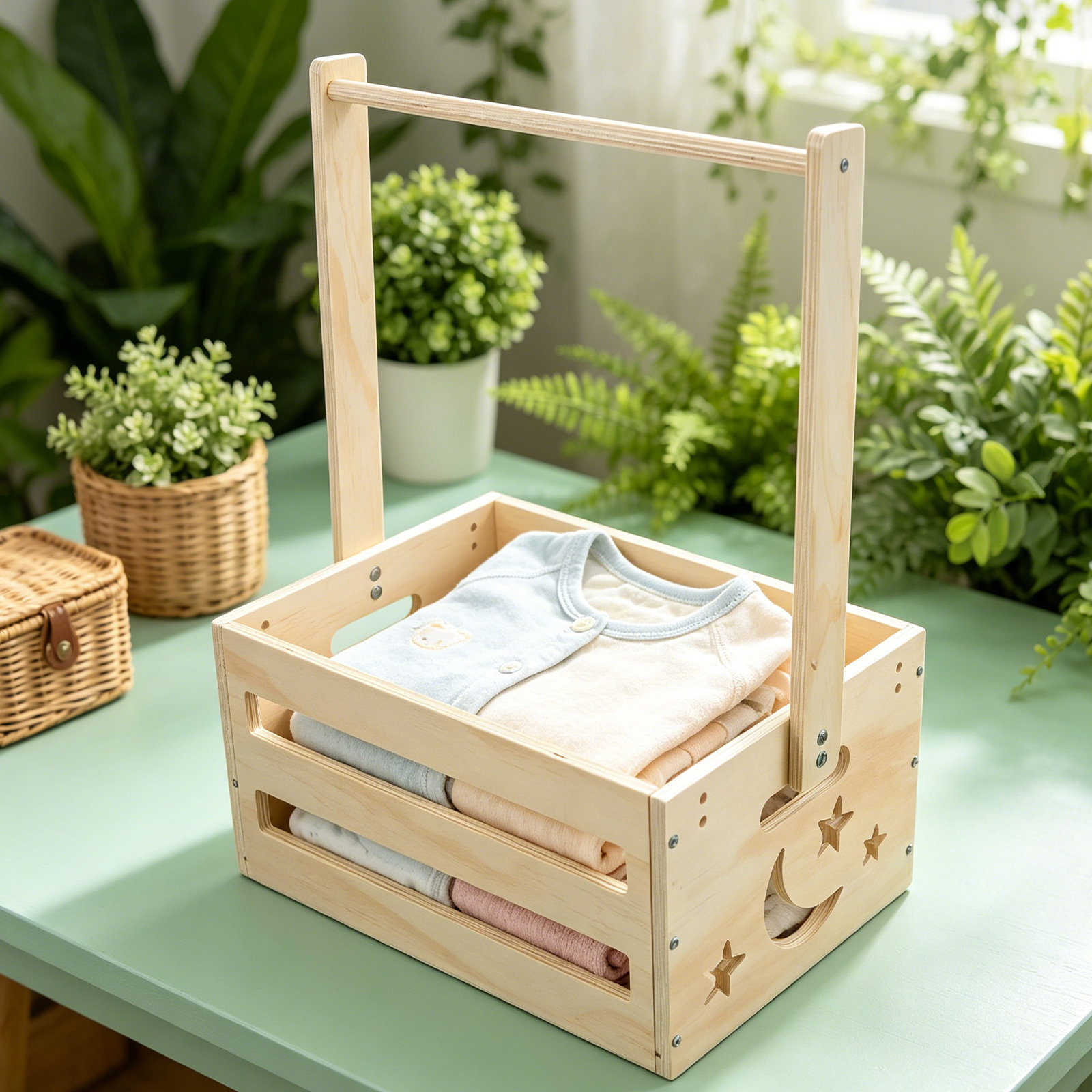 持ち運び可能な木製ランドリーバスケット、ベビー服収納箱、ハン - Baby Clothing Keepsake のレビューと価格